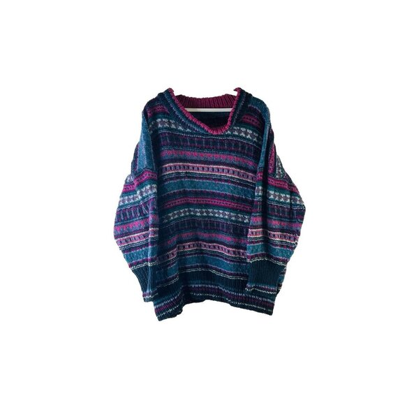 VTG 80s Cowichan Wool Rainbow Knit Distressed Crewneck Sweater